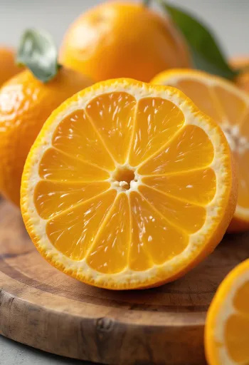 Ferske appelsiner hele og delt i to, i skål og på trebord, med ferskpresset juice