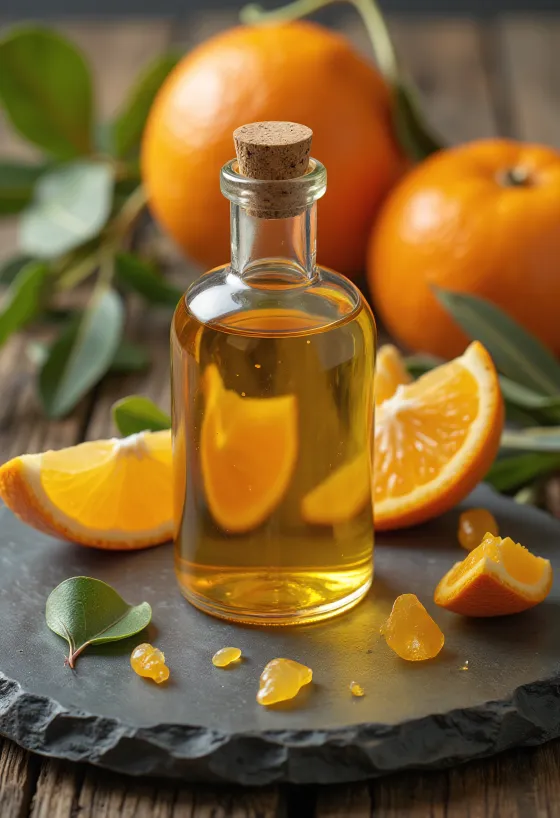 Appelsinolje i liten flaske, ved siden av friske appelsinskiver og skall