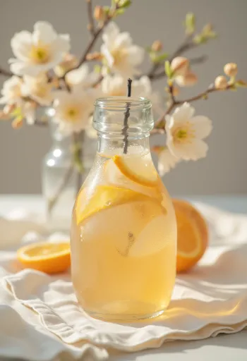 Appelsinblomstvann i flaske, med appelsinblomster, te og søtsaker