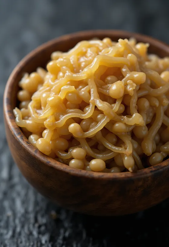 Natto fermenterte soyabønner i skål, klebrig tekstur, med treskje