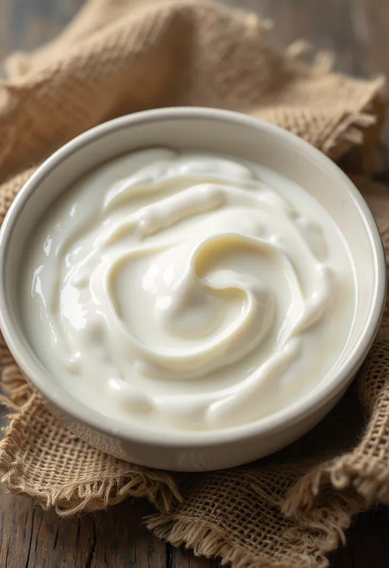 Yoghurt naturell i liten skål, kremet hvit konsistens