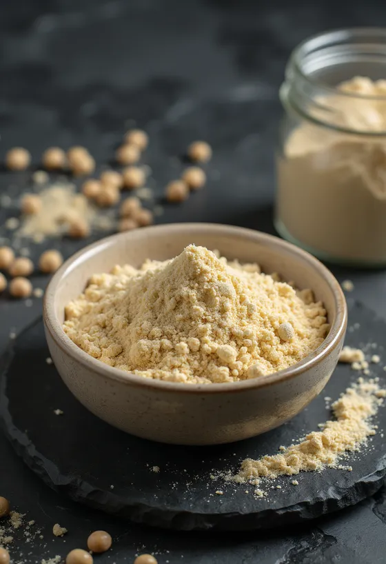 Erteproteinpulver i skål med gule erter