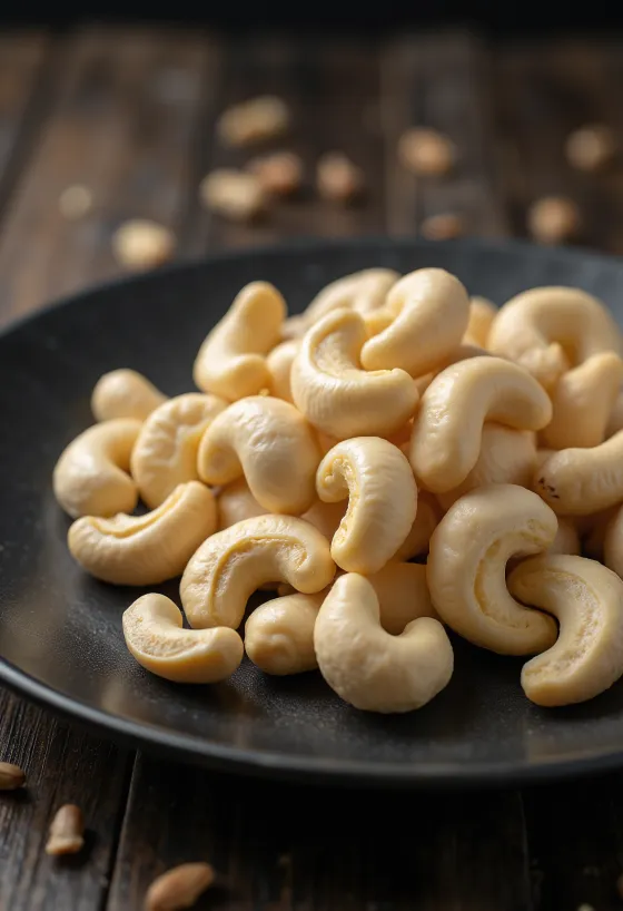Rå cashewnøtter uten skall på hvit bakgrunn