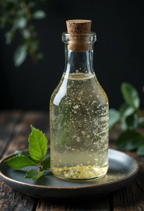 Bjørkesaft i glassflaske og glass, med bjørkenever og kvister