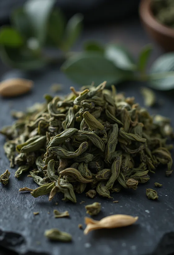 Oolong-te i løsvekt, i skål og strødd på kjøkkenbenk