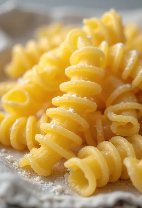 Tørr fusillipasta spredt utover treflate i spiralform
