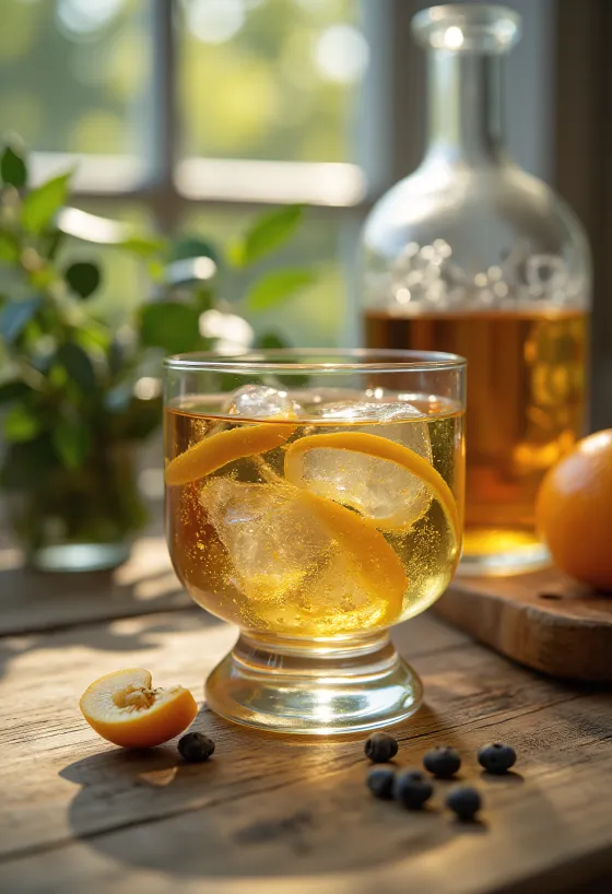 Pálinka-flaske og glass servert med fersk frukt på et trebord