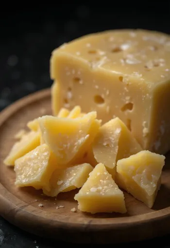 Oppskåret og revet parmesanost på treskjærebrett