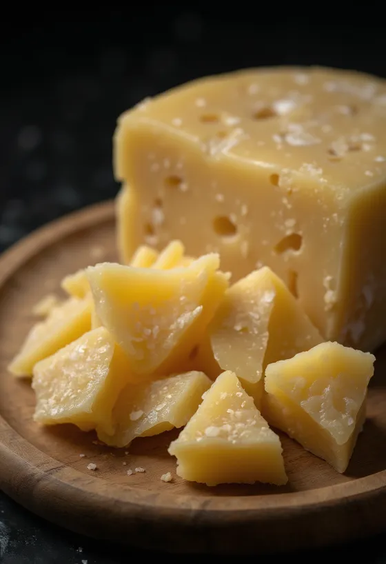 Oppskåret og revet parmesanost på treskjærebrett