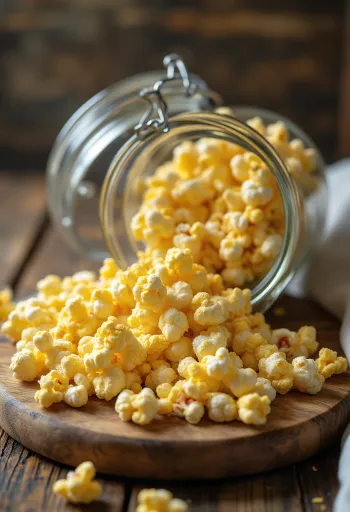 Tørre popcornmaiskorn spredt utover en kjøkkenbenk av tre