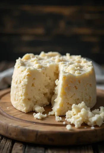 Fersk Pecorino ost i hvit skål på trebord