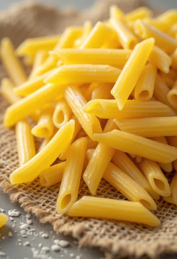 Tørr penne-pasta med rillet overflate på en trebakgrunn