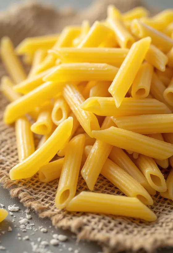 Tørr penne-pasta med rillet overflate på en trebakgrunn