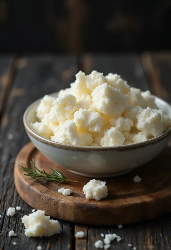 Fersk ricotta i hvit skål på trebord