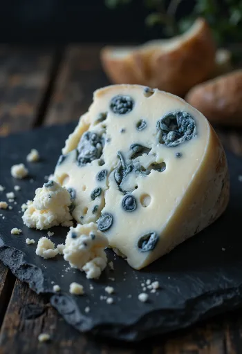Fersk Roquefort blåmuggost i hvit keramikkskål på trebord