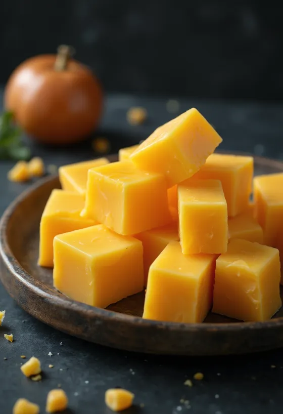 Gul Cheddar i hvit skål på trebord