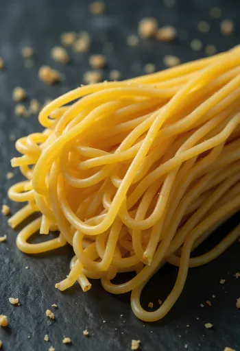 Tørr spaghetti i en bunt på en treoverflate