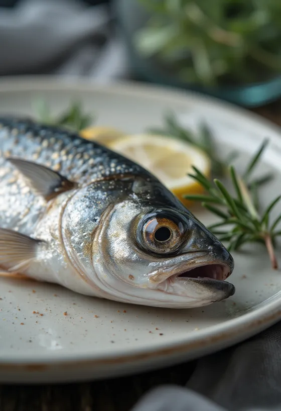 Ferske sardiner med sitron, salt og persille på trefjøl