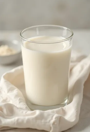 Soyamelk helles i glass, med soyabønner i skål og strødd på benken