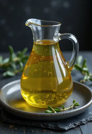 Virgin olivenolje i liten glasskål, gyllengul farge, dekorert med oliven og blad