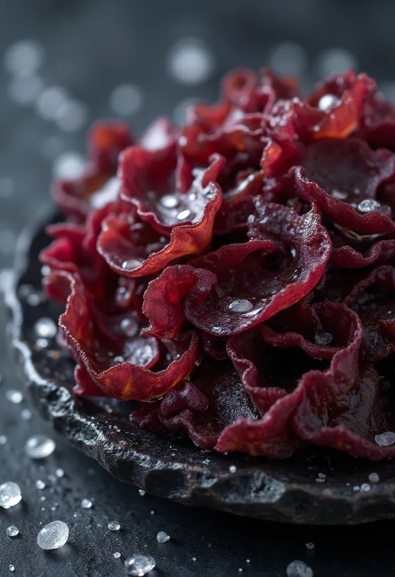 Tørket søl (dulse tang) med rødlig farge og tekstur