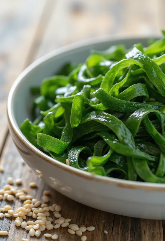 Tørket wakame-tang som sveller i vann