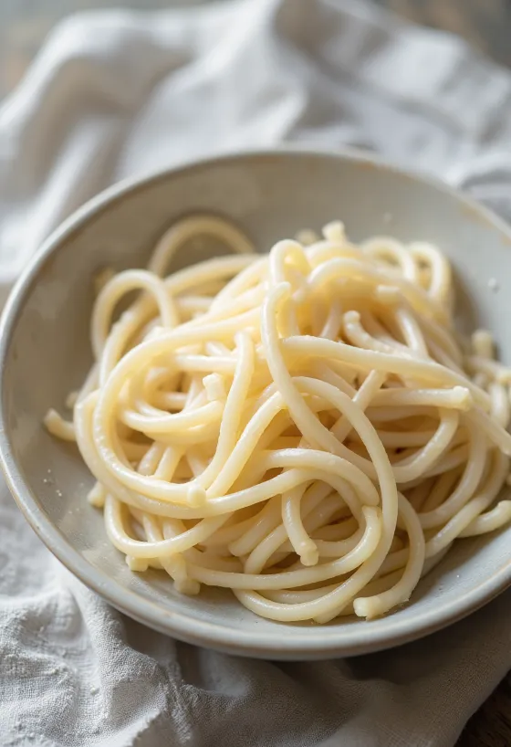 Tørre udon-nudler i en rustikk skål på trebord, naturlig lys