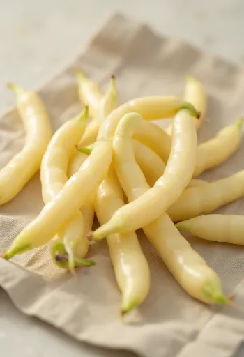 Ferske voksbønner med gule belger, delvis oppskåret på skjærefjøl
