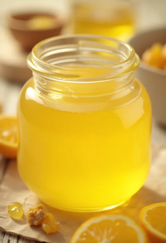 Ghee i glass og på skje på treflate, i naturlig lys