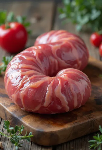 Rensede, skivede rå nyrefileter på skjærefjøl av tre