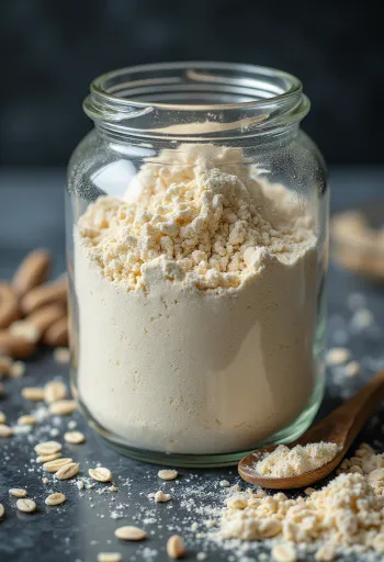 Fint havremel i keramikkskål, strødd på treflate