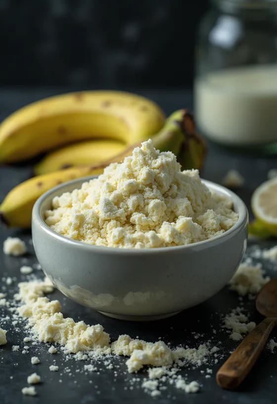 Mel av grønne bananer i skål og på skje, omgitt av grønn banan