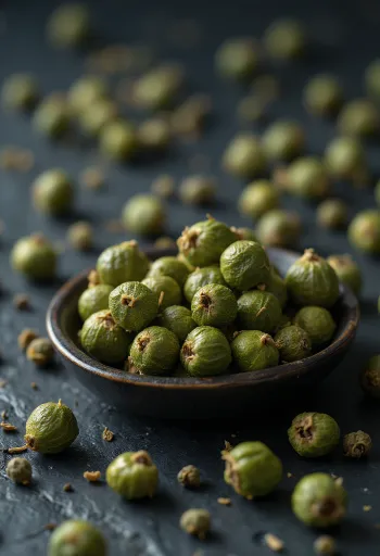 Grønn pepper hele korn i keramikkskål og på kjøkkenbenk