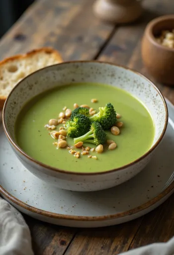Kremet brokkolisuppe servert med sprø brødkrutonger