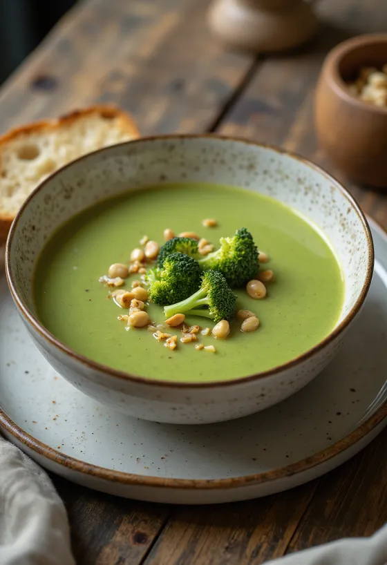 Kremet brokkolisuppe servert med sprø brødkrutonger