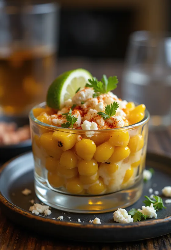 Esquites med cotija-ost, meksikansk krydret mais med cotija-ost, koriander