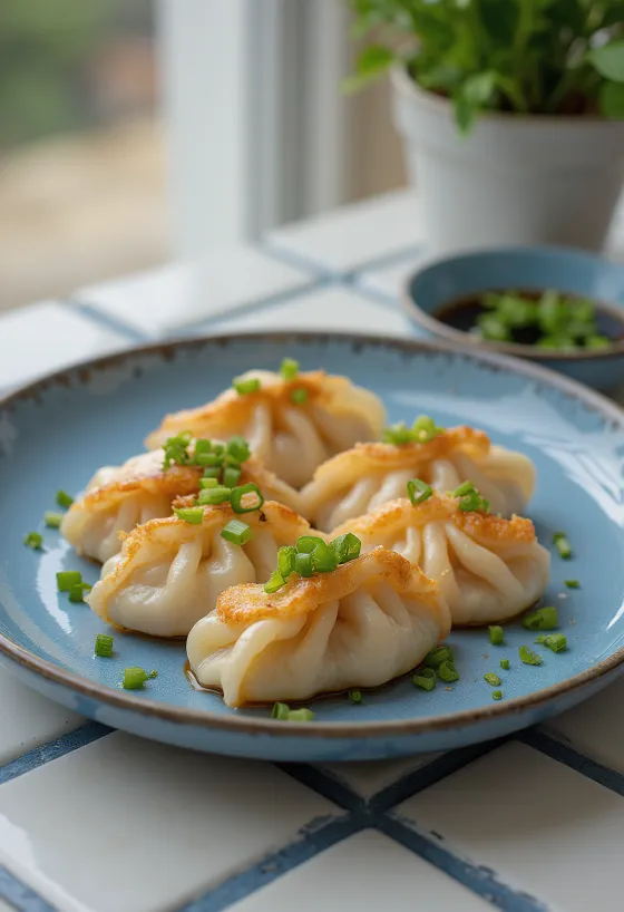 Japansk rekegyoza i deig med sprø bunn, med rekefyll, servert med soyadipp
