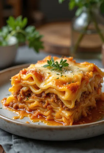 Klassisk lasagne servert med frisk basilikum