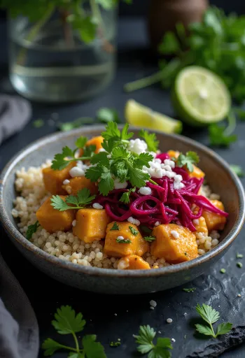 Quinoa Buddha bowl med rødbetcurry og tofu servert