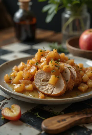 Pork loin servert med eplekompot og pyntet med frisk timian