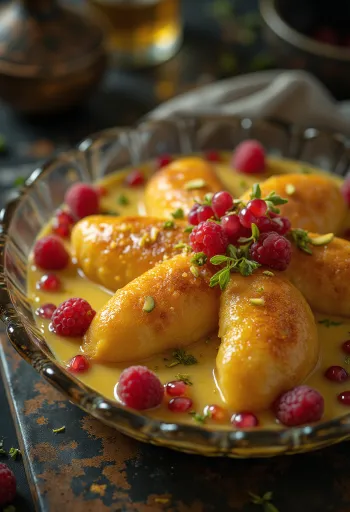 Shahi tukda servert med frukt, pyntet med ristede brødskiver og frisk frukt