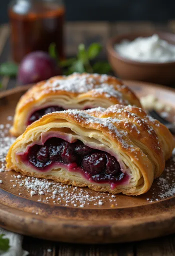 Plommestrudel stekt gyllenbrun, drysset med kanelsukker