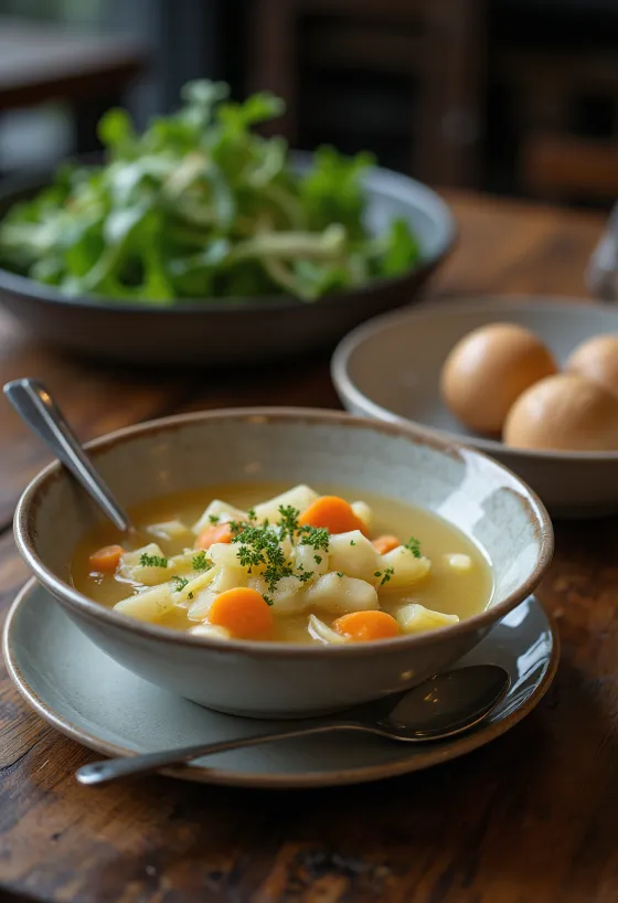 Klar grønnsakssuppe med kålrabi- og gulrotterninger