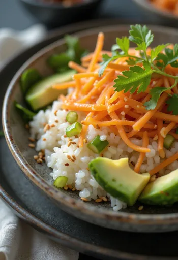 Chirashi-skål servert med grønnsaker, risbunn, agurk, gulrot og avokado