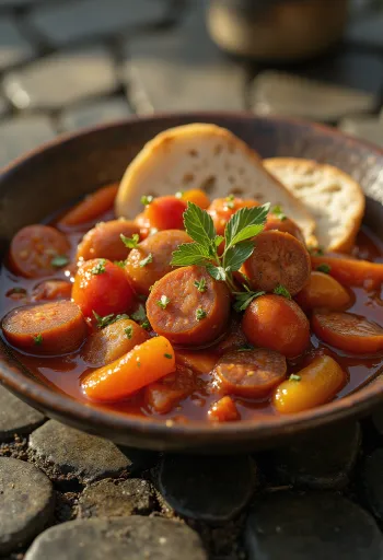 Lecsó servert med frisk paprika, tomat og røkt pølse