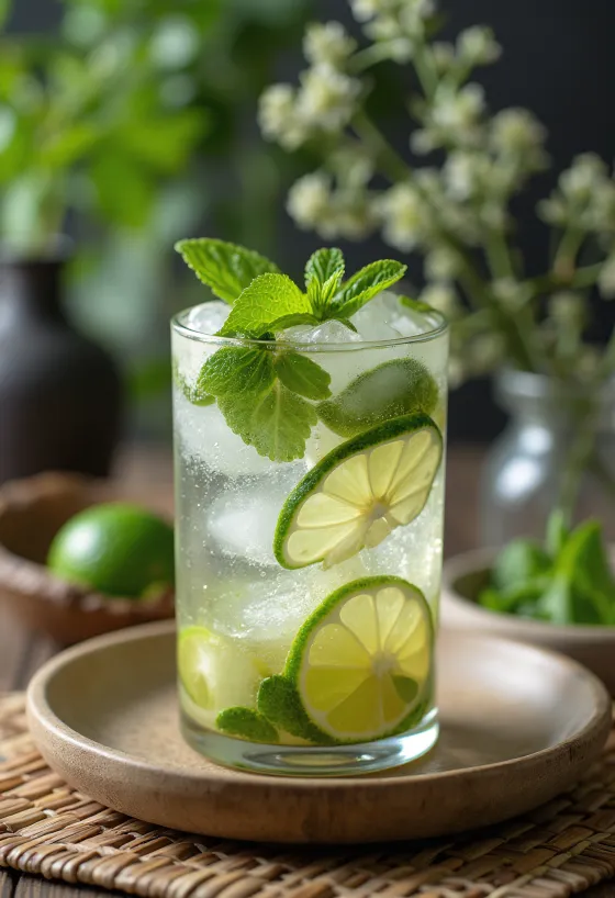 Mojito pyntet med friske mynteblader og limeskiver
