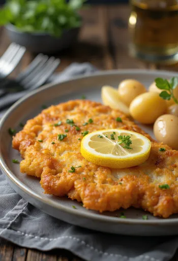 Pork schnitzel med poteter, sprøtt svinekjøtt og smørpoteter