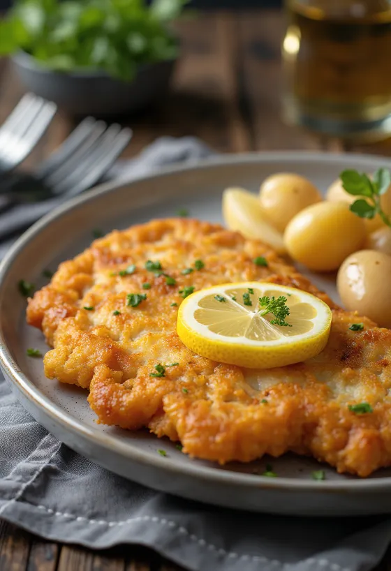 Pork schnitzel med poteter, sprøtt svinekjøtt og smørpoteter