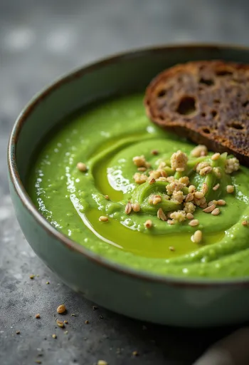 Brokkoli- og purrekremsuppe servert i keramikkskål, pyntet med brokkolibuketter og purreringer