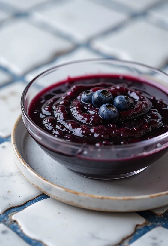 Blåbær-, chili- og balsamicosaus i en skål, pyntet med friske blåbær og chiliskiver.